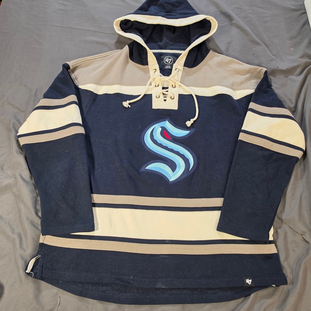 47 Brand Seattle Kraken Grubauer 31 Lace Up Hoodie Navy Mens L NHL Sweatshirt